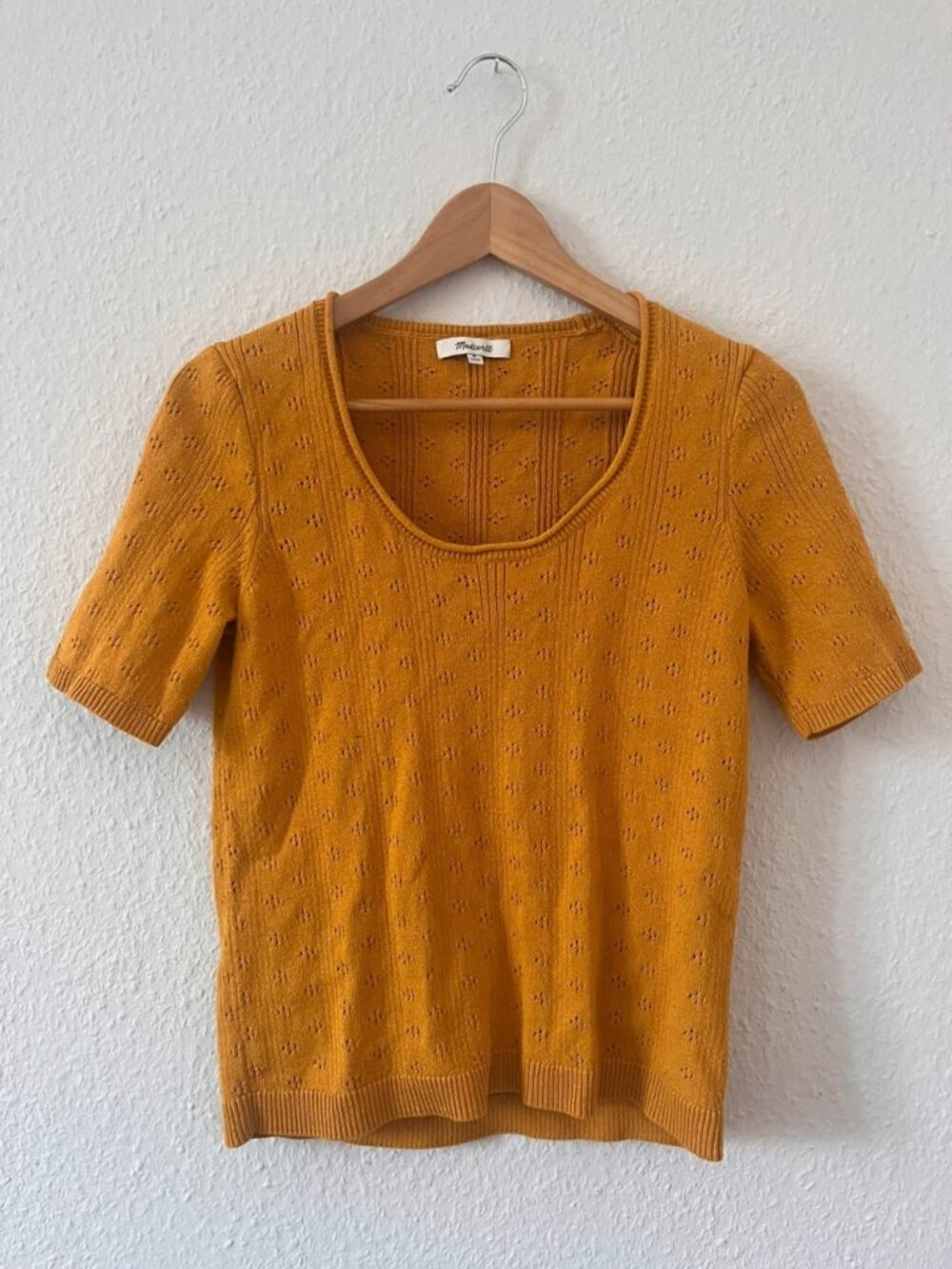 Women's Mustard Pointelle Knit Short Sleeve Sweater Size M